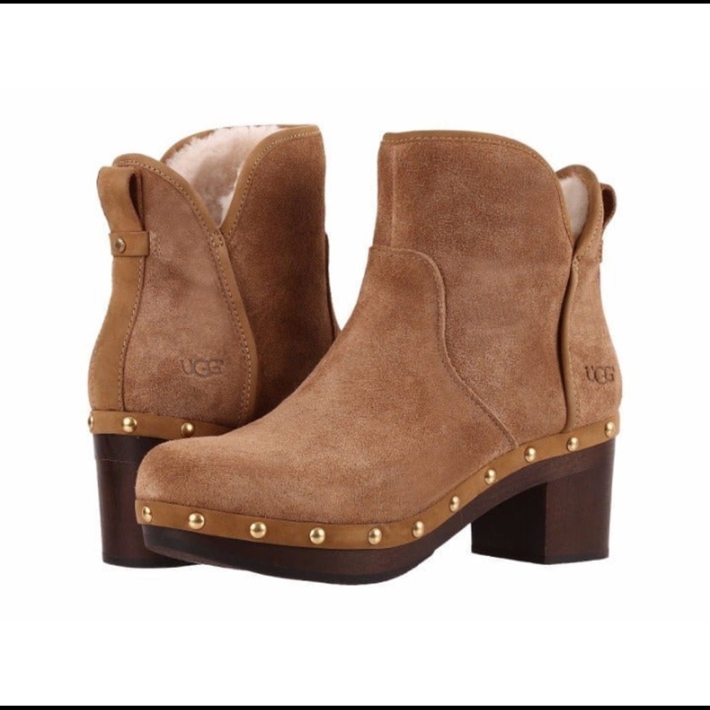 UGG Women US 7 Cam Il Chestnut Wooden Heel Sole Sheepskin Suede Block Heel